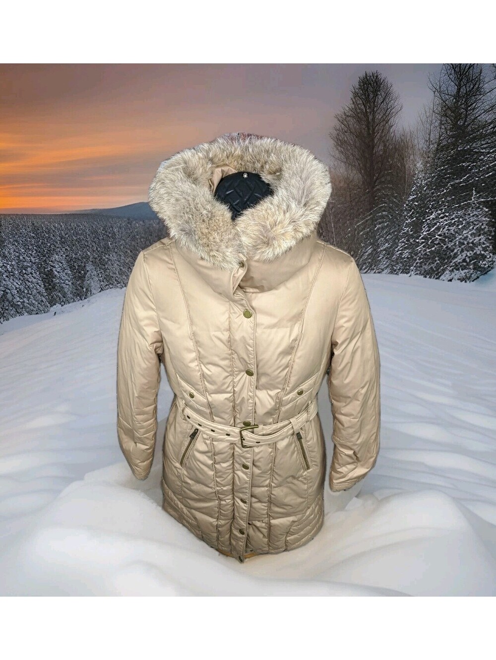 MARC NEW YORK Long Down Puffer Jacket Winter Coat Coyote Fur Womens Small Beige